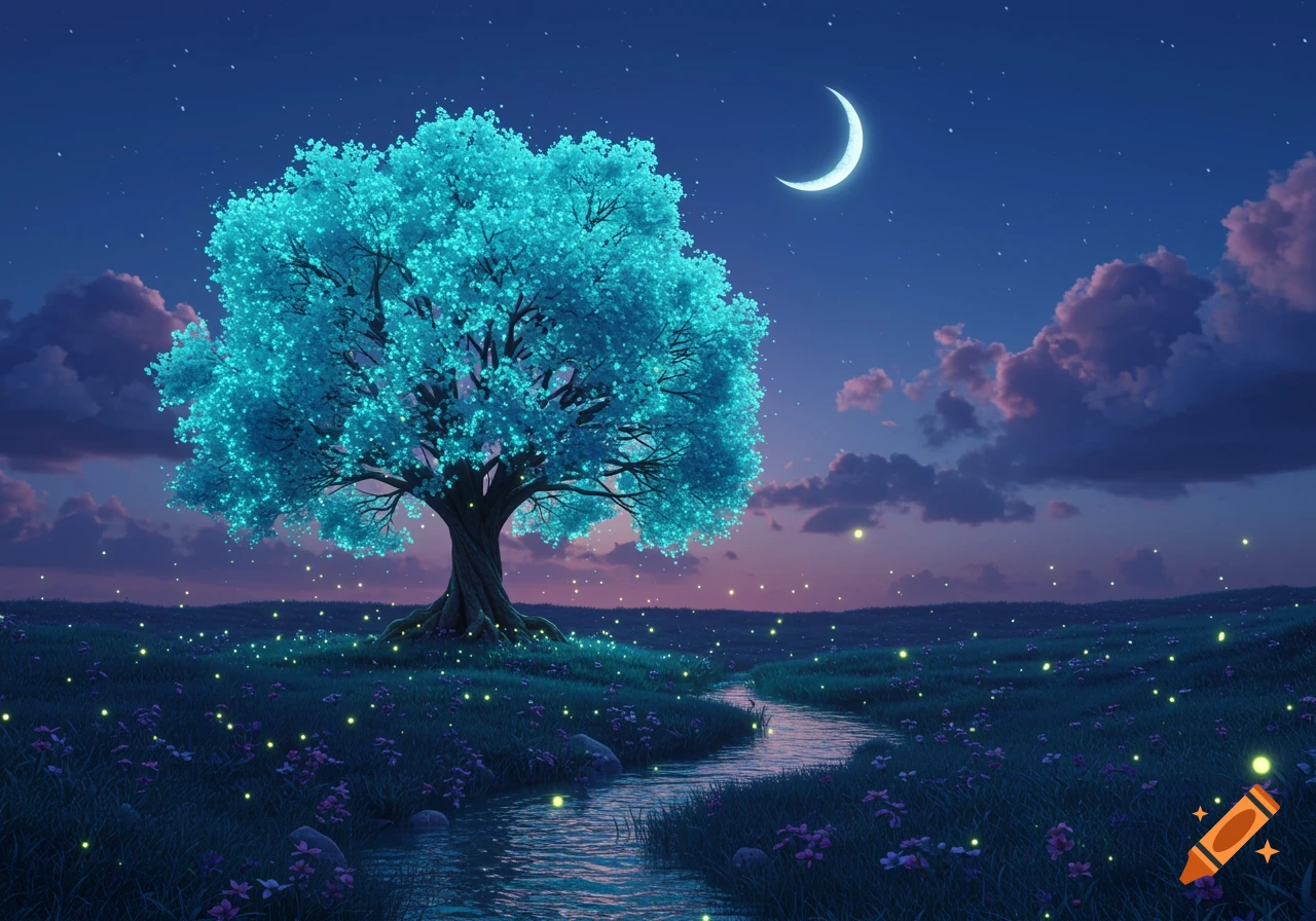 A vibrant fantasy landscape at night features a large tree with glowing turquoise leaves, a winding stream, fireflies, and a crescent moon in the sky.