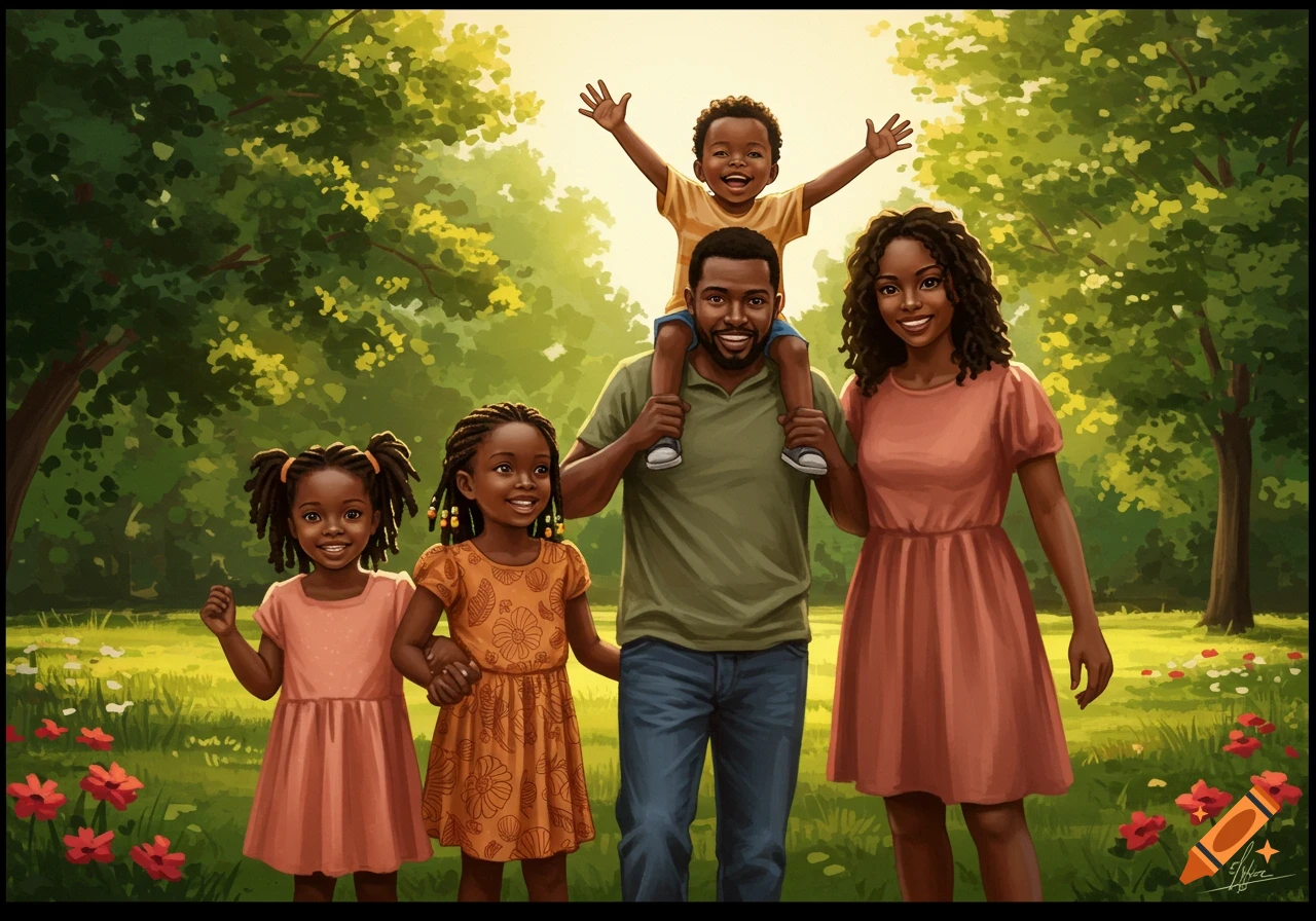 An illustration of a smiling Black family of five, with two girls, a boy on dad's shoulders, and mom, standing in a sunny park.