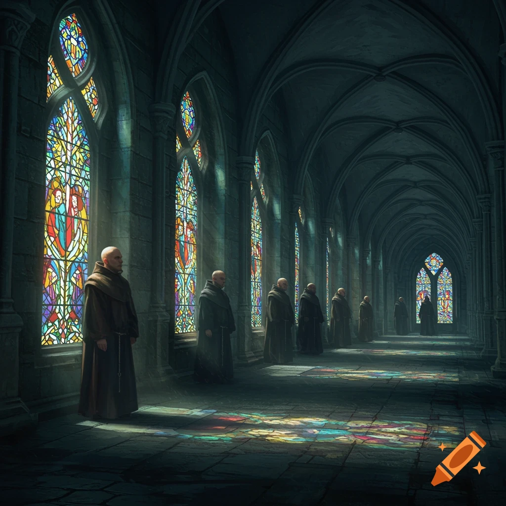 A dark gothic corridor with monks standing beside vibrant stained glass windows, illuminated by shafts of light.