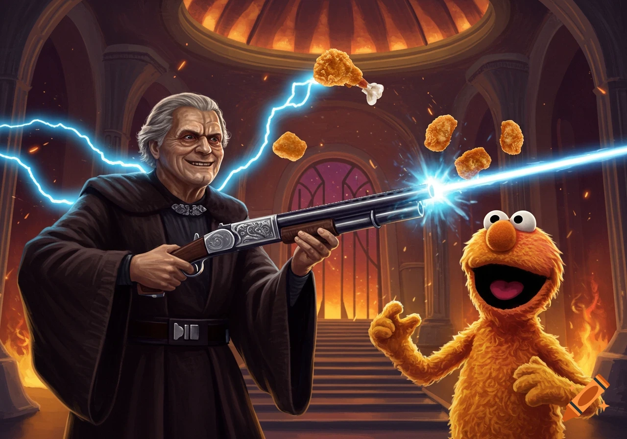 An illustration of a Palpatine-like figure firing a shotgun with chicken nuggets and a laser at Elmo in a grand, fiery hall.