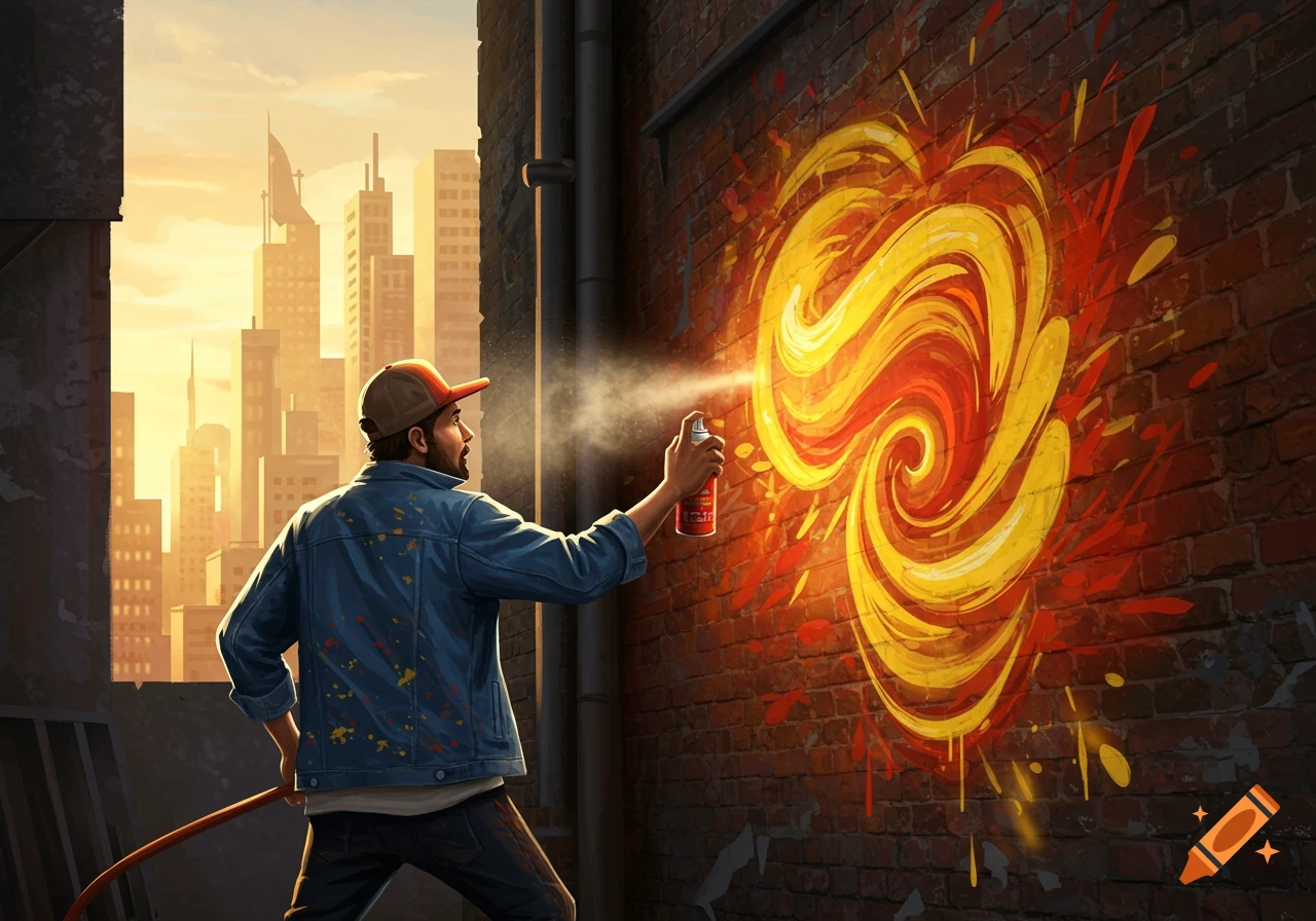 A man spray paints a vibrant, swirling graffiti design on a brick wall in an urban alleyway at sunset.