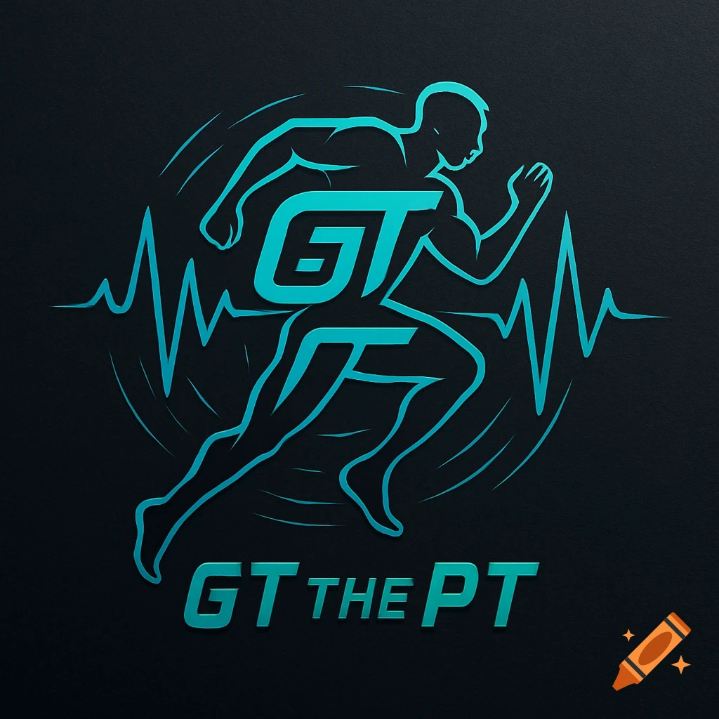 A teal logo for GT the PT, featuring a running person silhouette with the letters 'GT' integrated into their body and a heartbeat line, against a dark background.