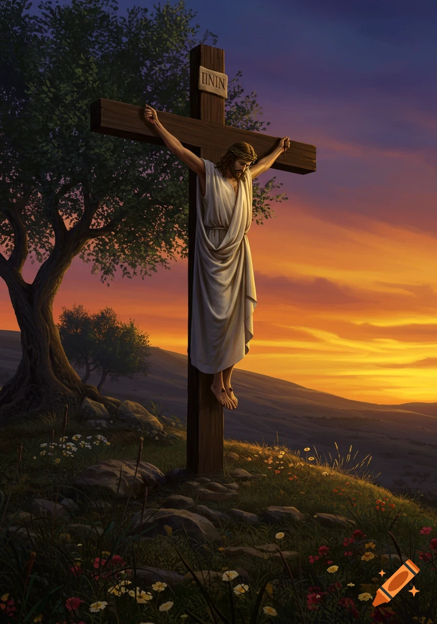Jesus Christ is crucified on a wooden cross on a grassy hill during a vibrant sunset with trees and flowers.