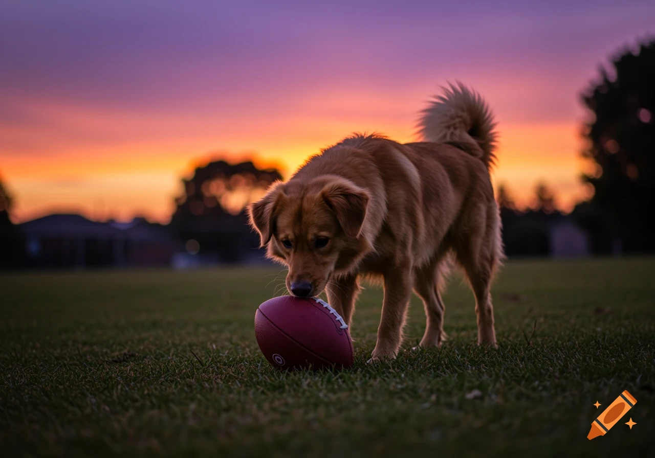A golden-brown dog sniffs a red football in a grassy field at sunset.