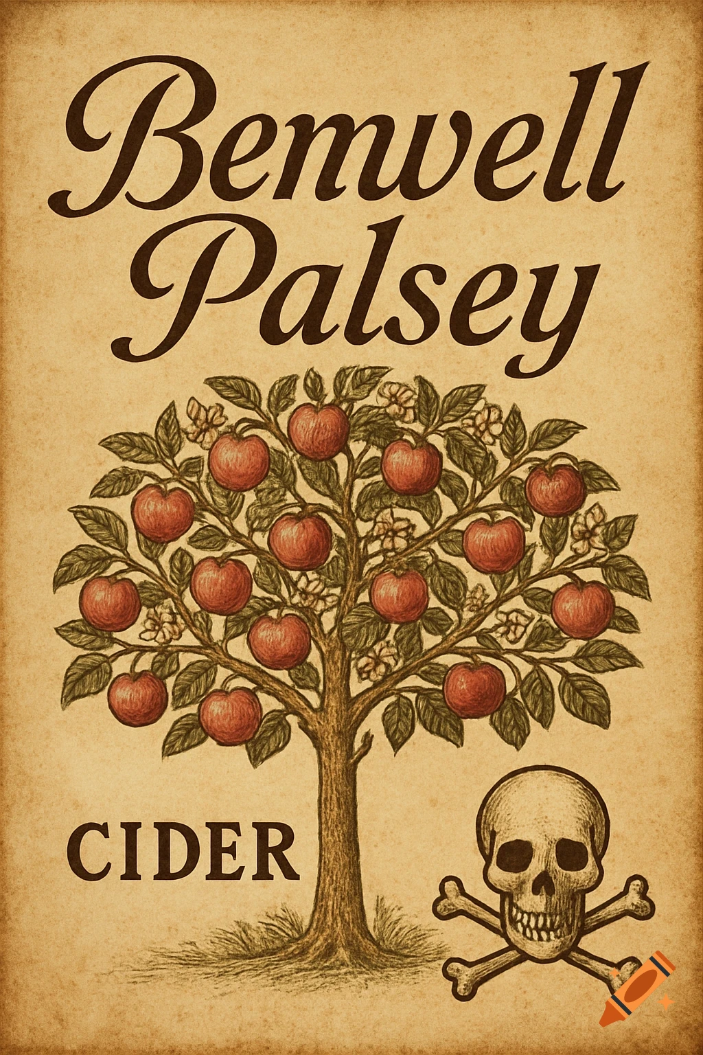 Vintage illustration of a cider label with an apple tree, red apples, and a skull and crossbones, on a textured beige background. Text reads 'Bemwell Palsey CIDER'.