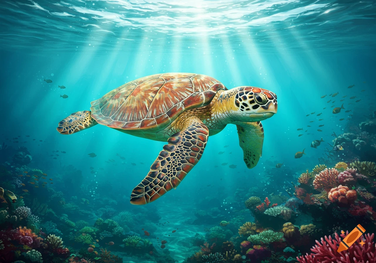 A vibrant sea turtle swims gracefully through clear blue ocean water, with sunbeams piercing the surface and colorful coral reefs below.