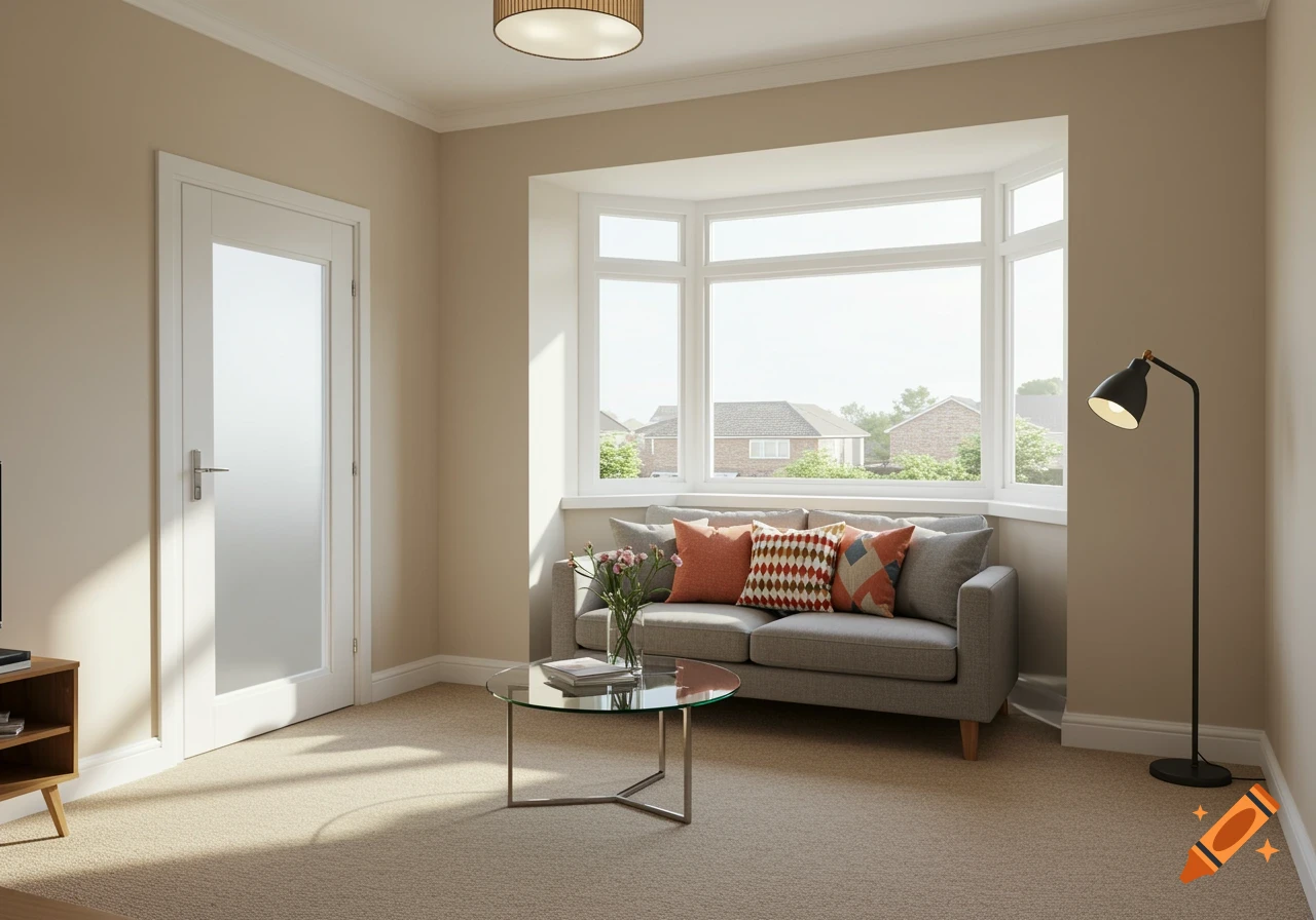 A photorealistic image of a bright living room with a grey sofa, colorful cushions, a glass coffee table, and a large bay window overlooking houses.