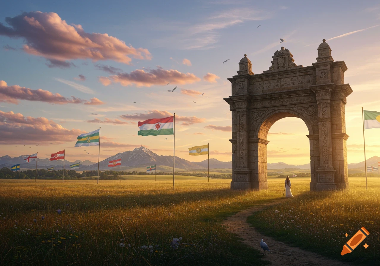 Photorealistic landscape with a stone archway, flags, and a person in a golden field at sunset.