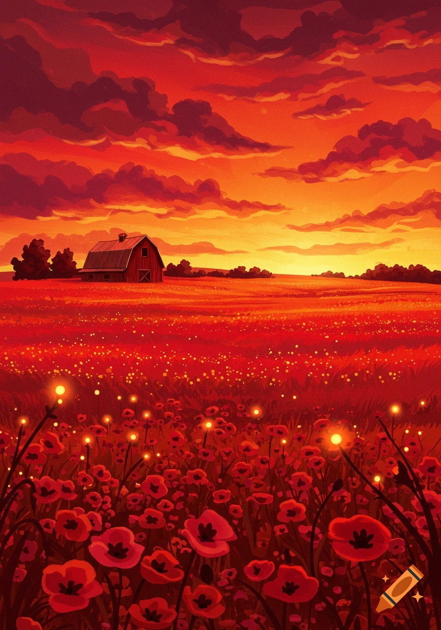 A vibrant red and orange sunset over a barn in a field of red poppies with glowing lights, in a painterly style.