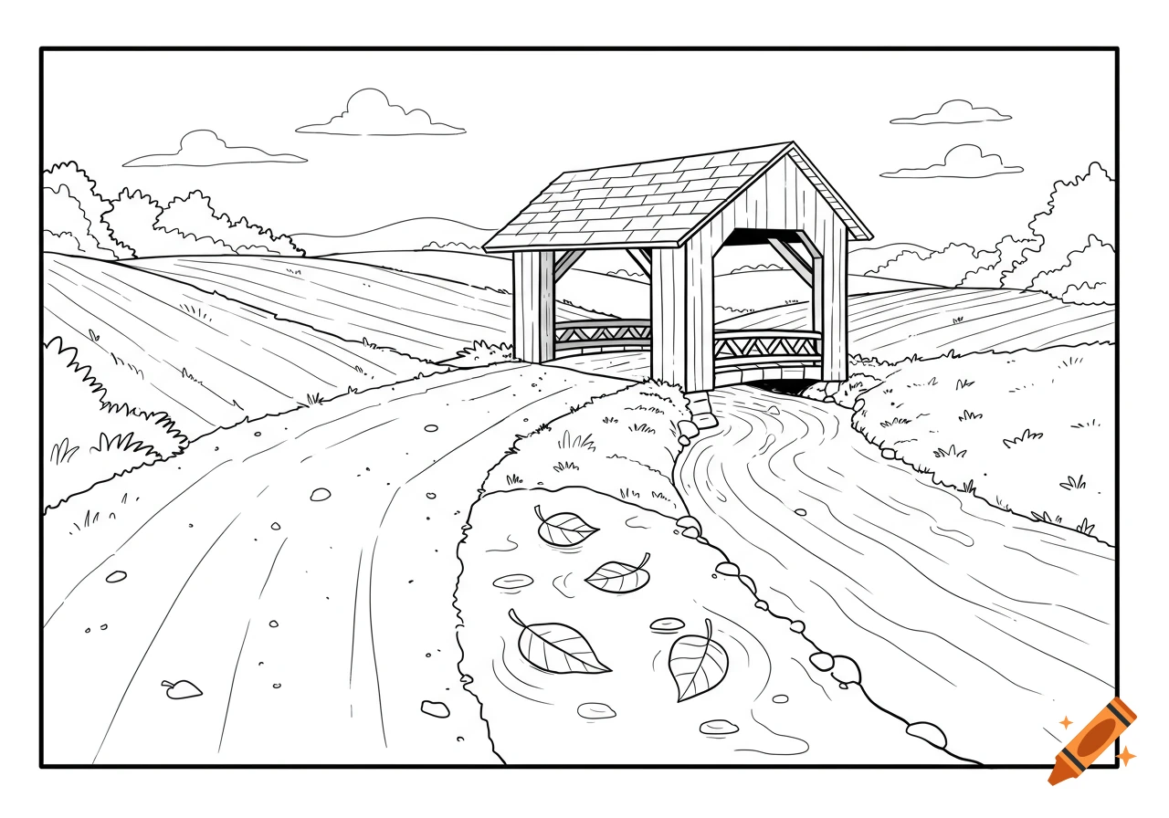 A black-and-white cartoon-style line drawing of a country dirt road crossing a creek via a covered bridge, with fallen leaves.