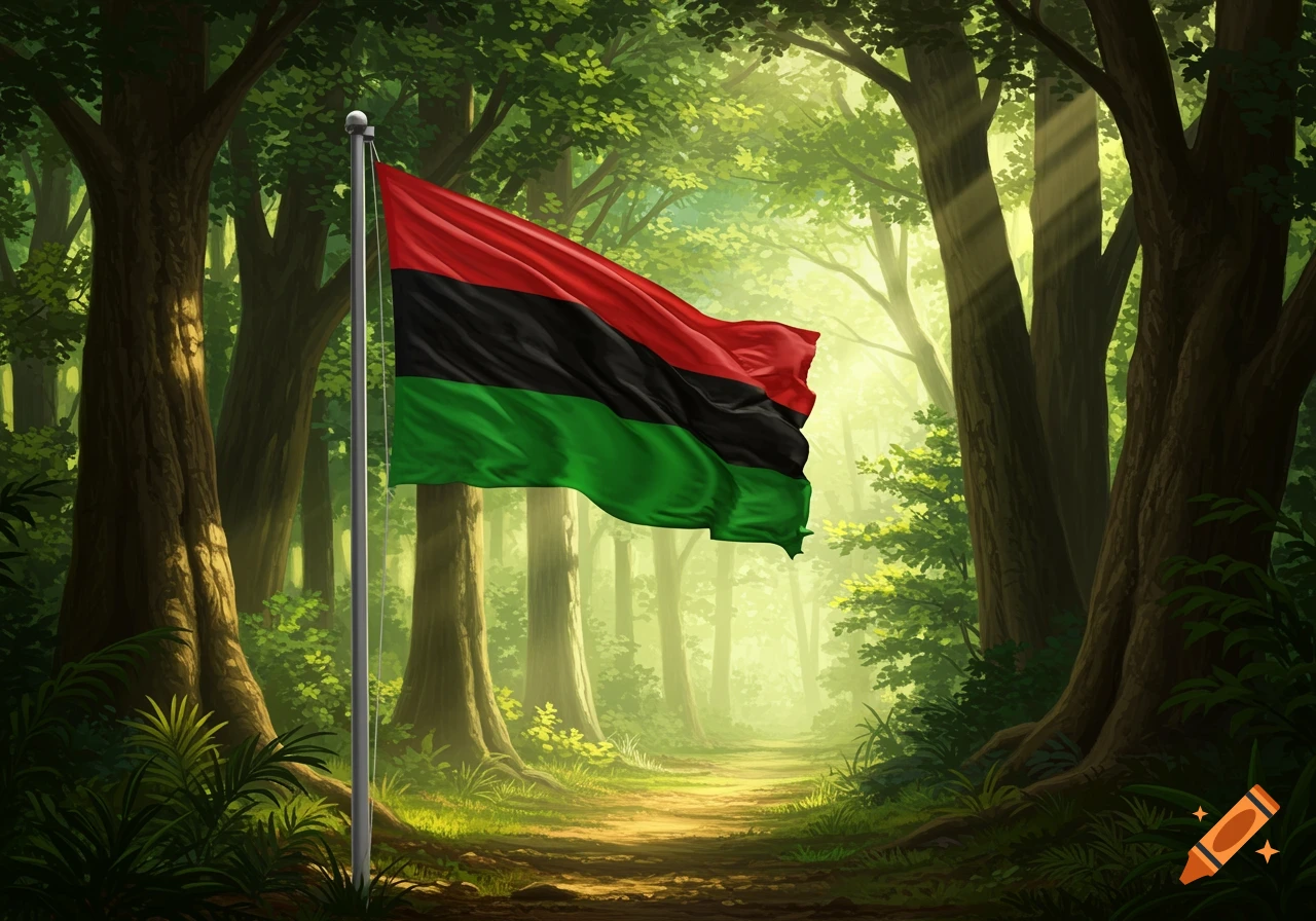 A Pan-African flag waves on a pole in a sunlit forest with tall trees and a path.