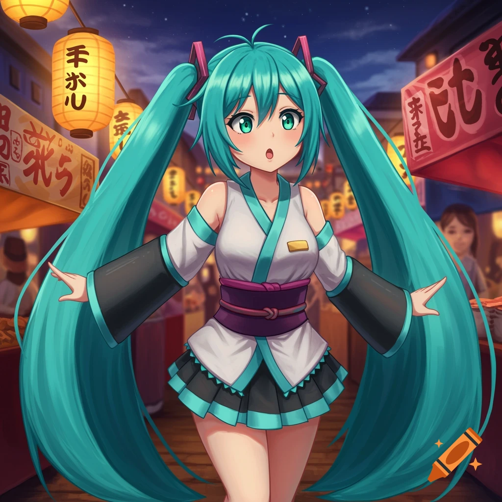 An anime girl with long turquoise pigtails and green eyes, wearing a white and black kimono-like outfit, stands at a night market.