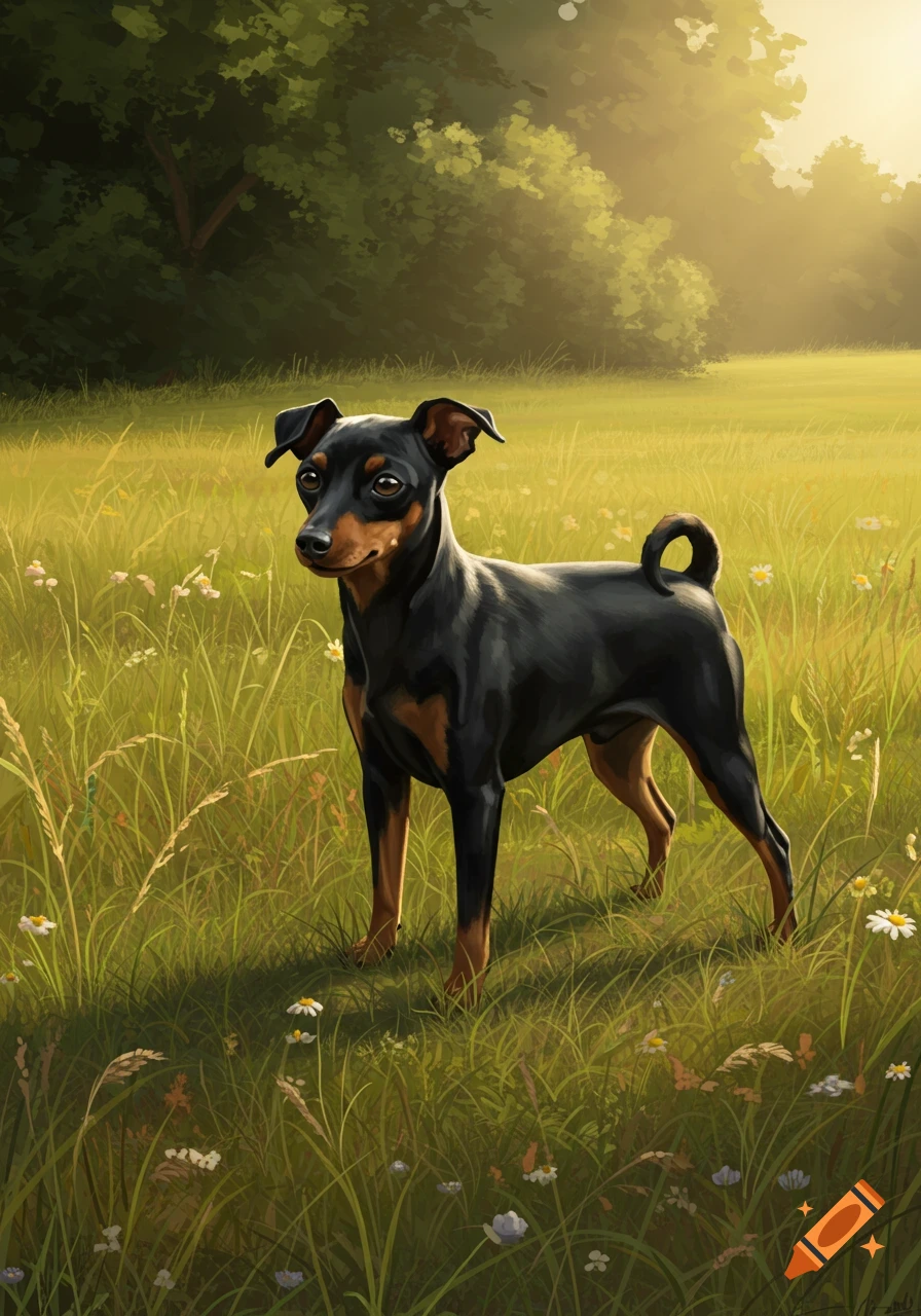A black miniature pinscher dog with brown markings stands in a sunny, green field with small white flowers.
