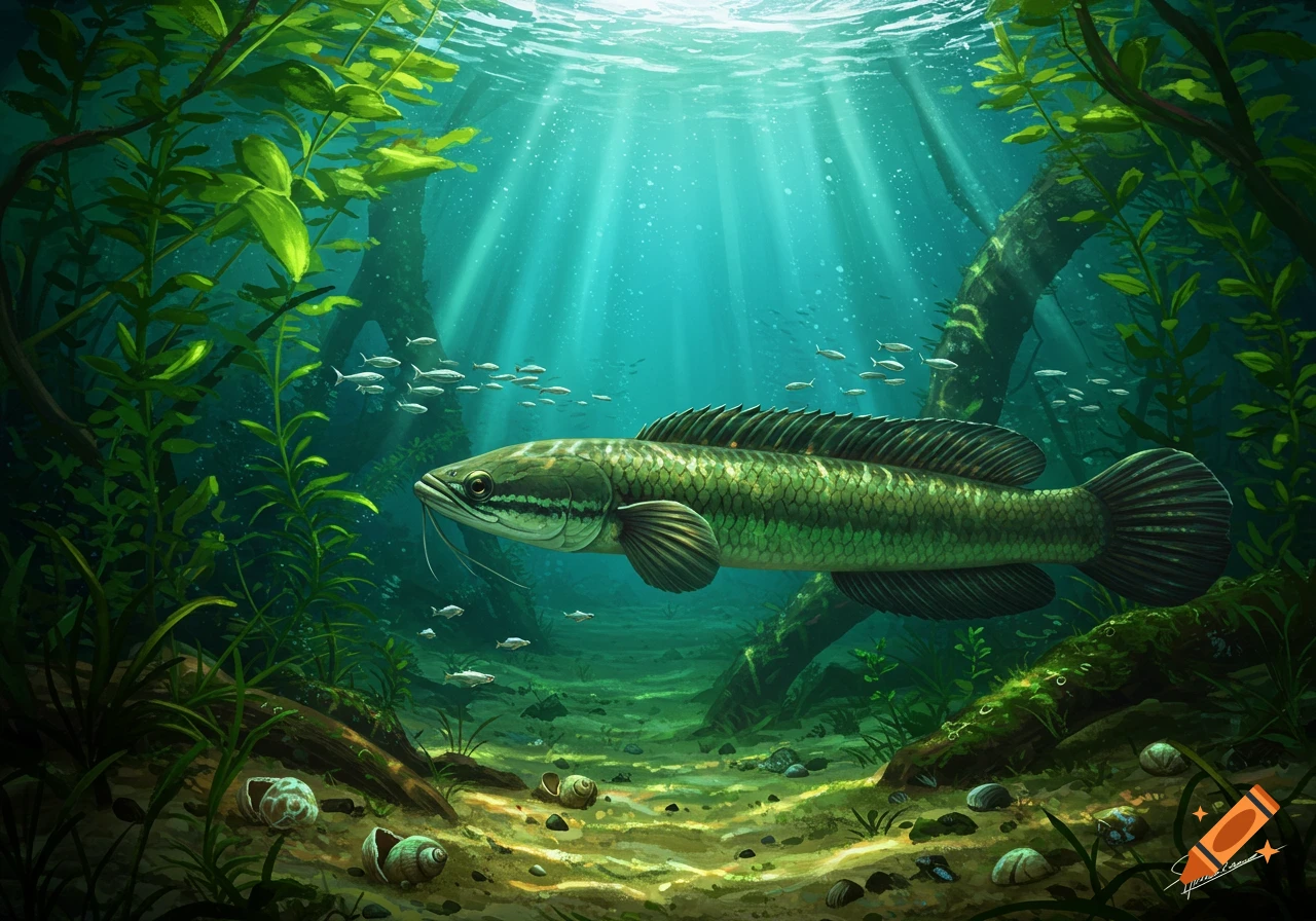 An illustrative underwater scene shows a large green snakehead fish swimming among aquatic plants, with light rays piercing the water.