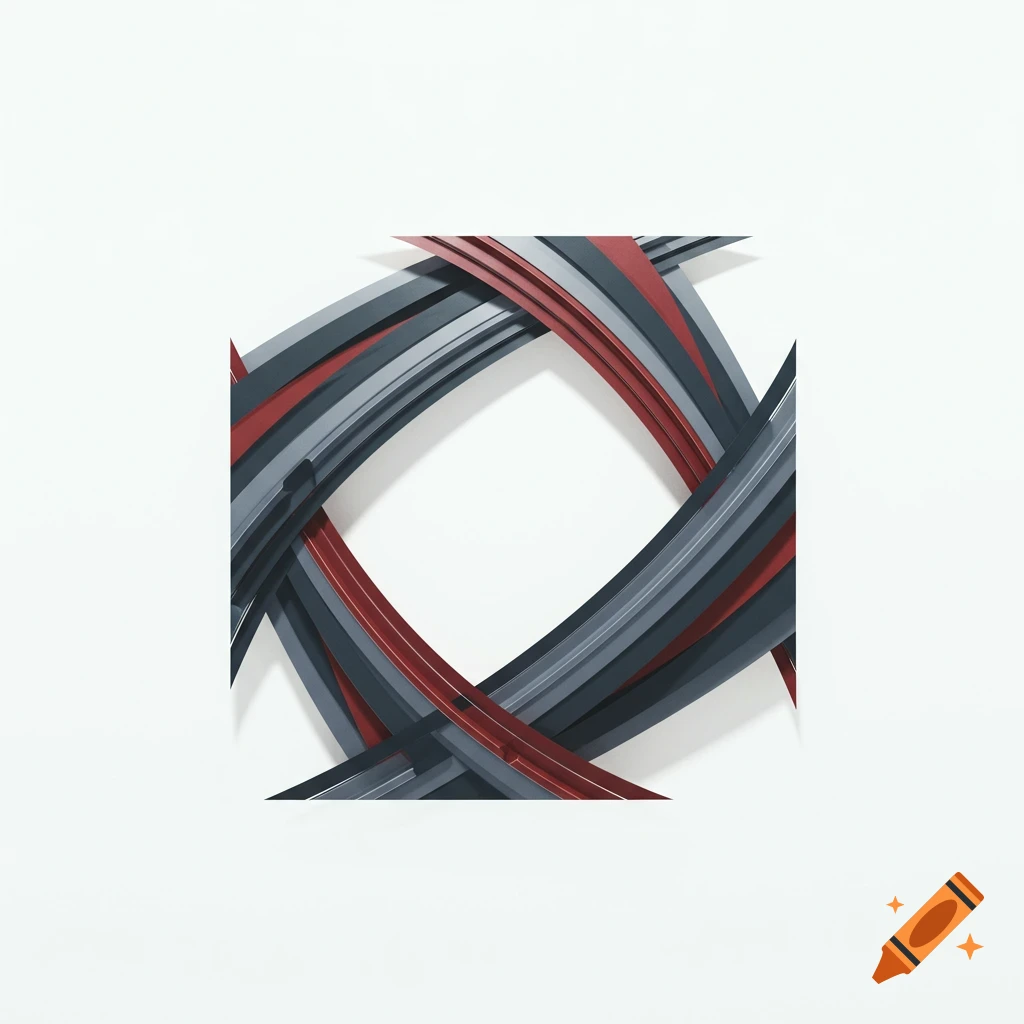 Abstract interwoven gray and red lines forming a square on a white background.