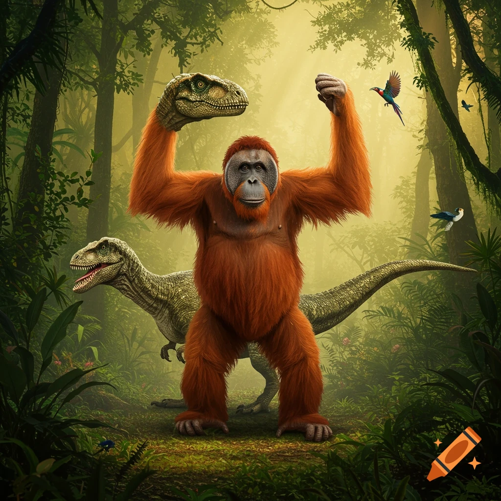 An orangutan holds a dinosaur head above its own head in a vibrant green jungle with another dinosaur and birds.
