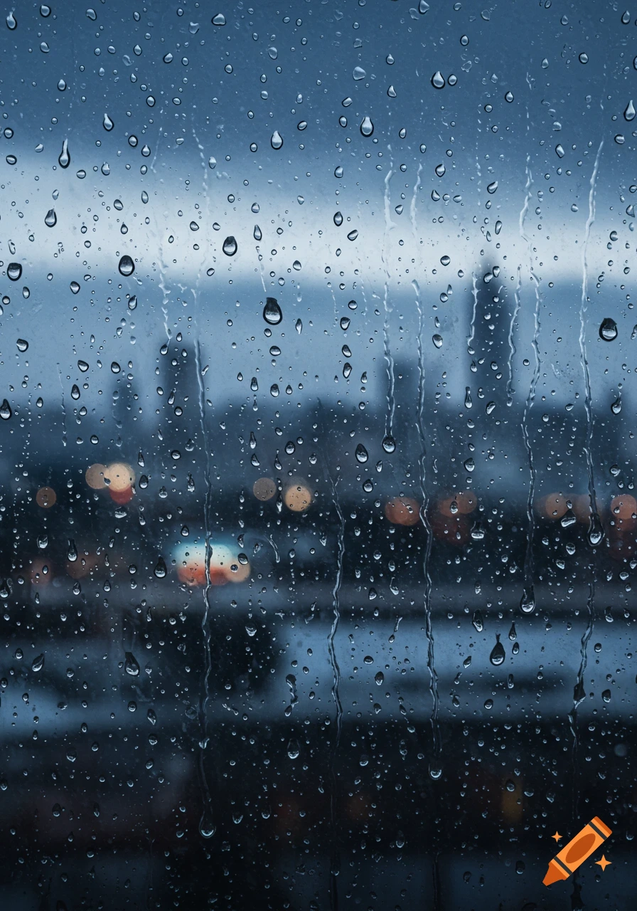 Close-up of a window covered in raindrops, with blurred city lights and buildings in the dark blue background.
