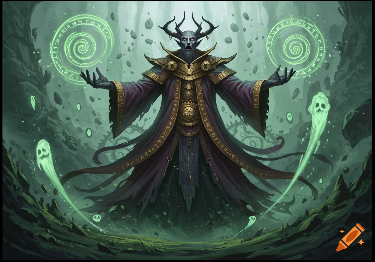A dark, horned god or wizard in purple robes with golden armor casts green magic, surrounded by glowing runes and spectral ghosts in a misty forest.