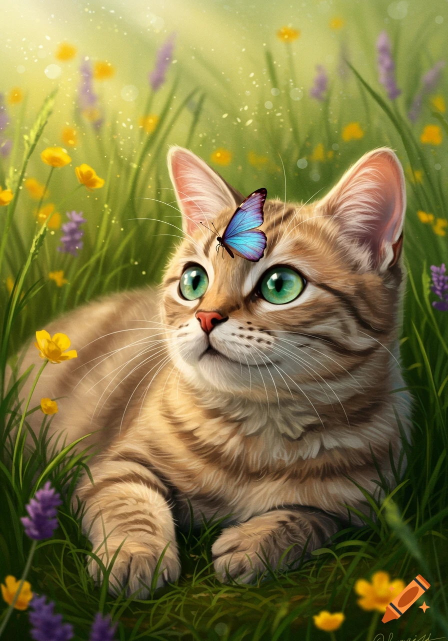 A stylized illustration of a brown tabby cat with bright green eyes, lying in a field of green grass and colorful wildflowers, a blue butterfly perched on its nose.