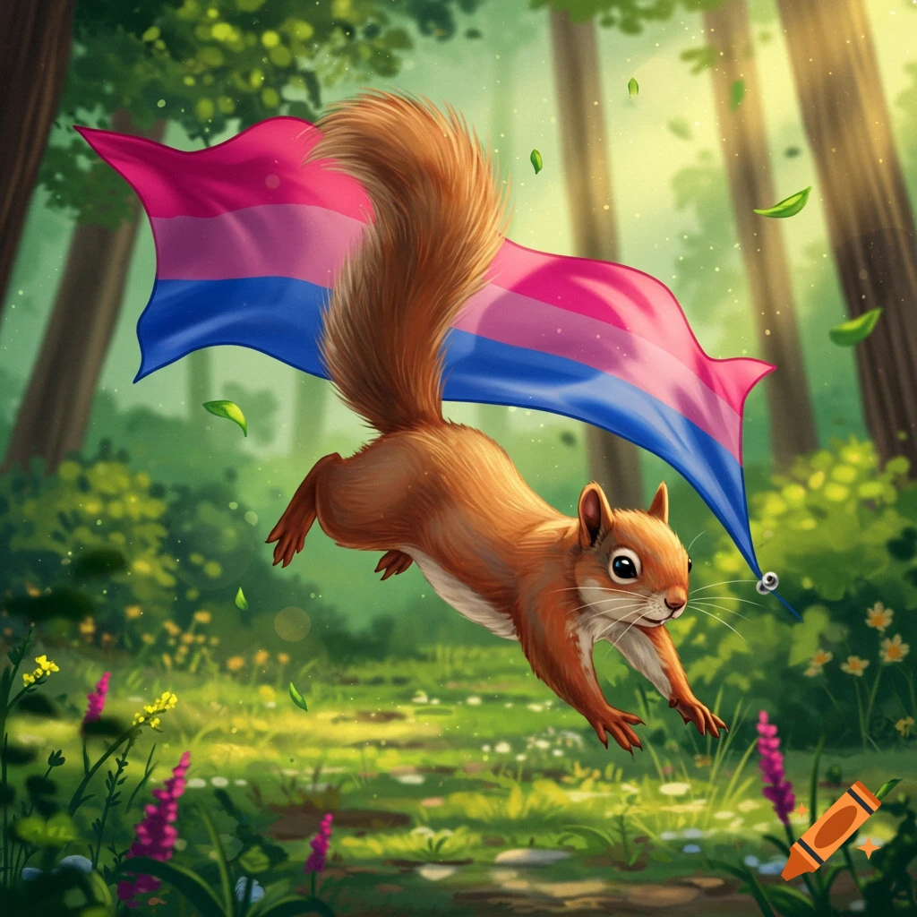 A whimsical illustrated squirrel jumps through a sunlit forest, holding a bisexual pride flag like a cape.