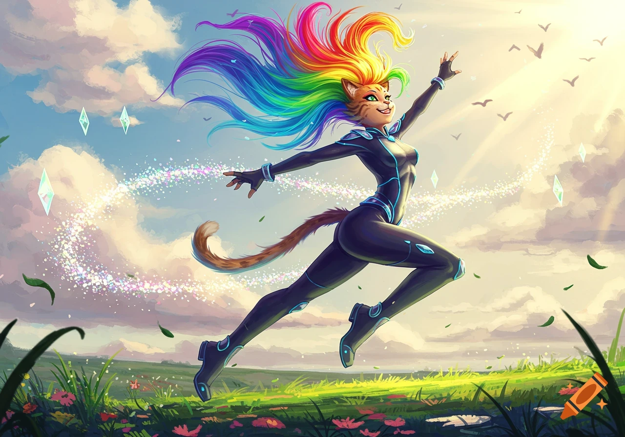 A vibrant catgirl with rainbow hair jumps through a field, surrounded by sparkling magic and crystals, under a bright sky.