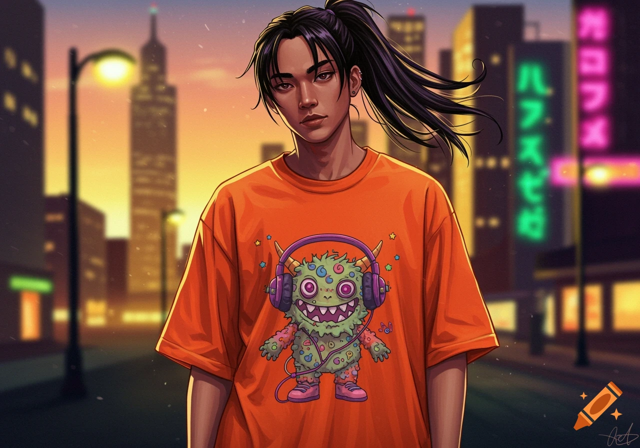 Stylized illustration of a person with a black ponytail wearing an orange t-shirt with a green monster, standing on a city street at sunset.