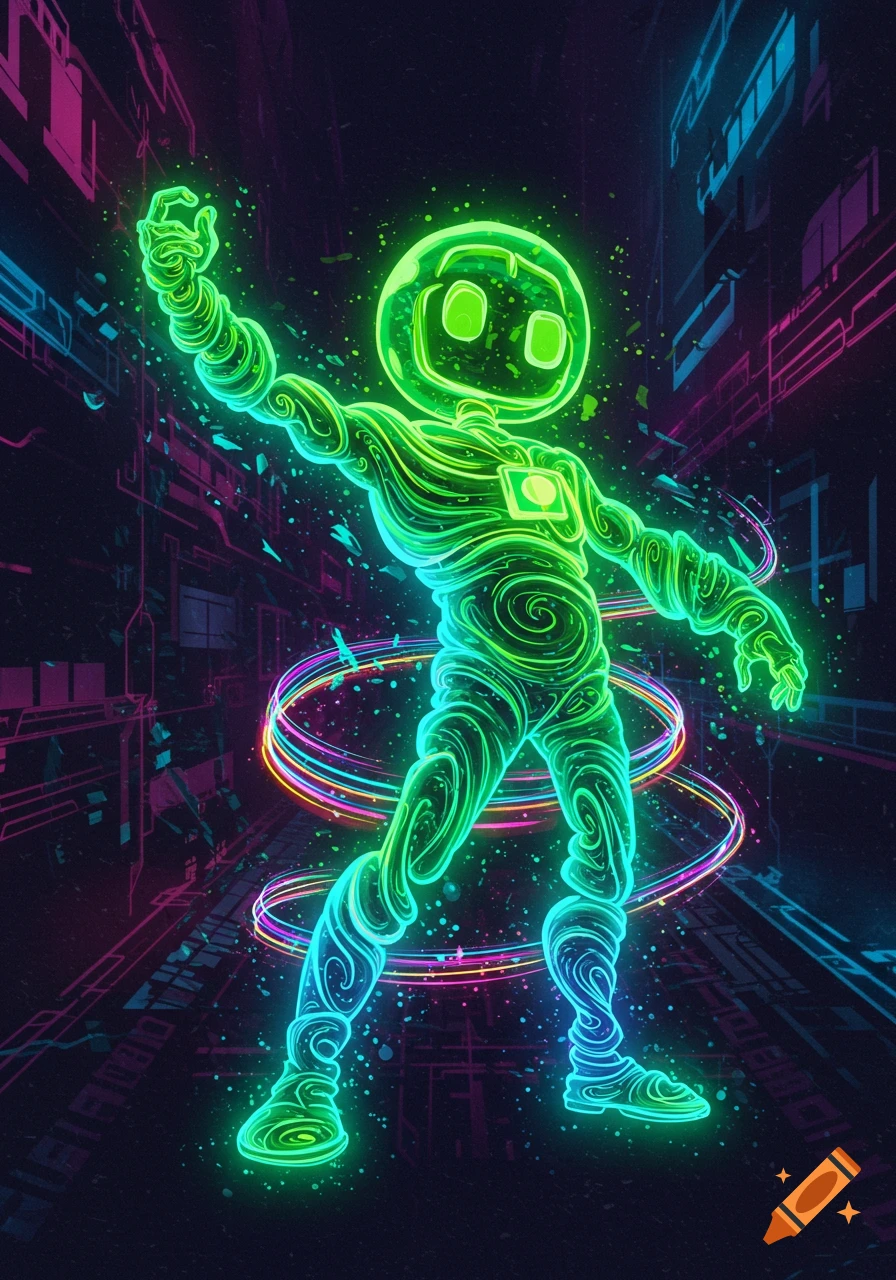 A glowing green humanoid figure made of swirling neon lines stands in a dark, futuristic setting with vibrant pink and blue lights and swirling rainbow rings.