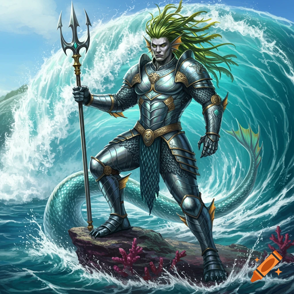 A powerful male Triton in shiny silver plate mail armor holds a trident, standing on a rock with a large wave crashing behind him.