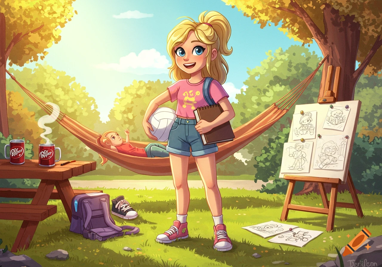 A smiling blonde cartoon girl in a pink shirt and denim shorts stands in a park holding a volleyball and a sketchbook. Another girl relaxes in a hammock, and an art easel with sketches stands nearby.