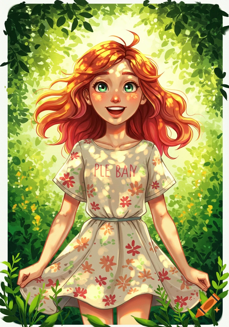 Cartoon portrait of a smiling red-haired girl with green eyes in a floral dress, surrounded by lush green foliage and sunlight.