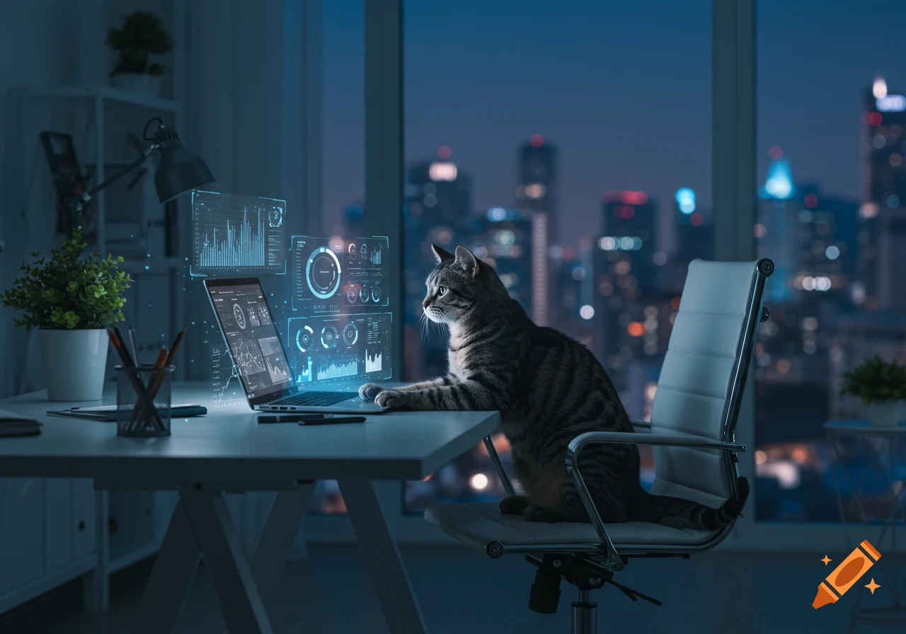 A tabby cat works on a laptop with holographic data displays in a futuristic office at night with a city view.