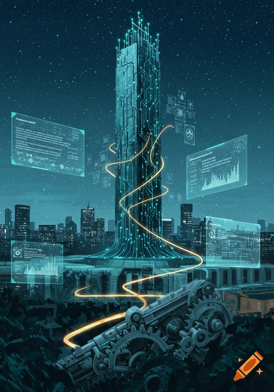 A futuristic skyscraper designed like a circuit board glows with blue light amidst a dark city skyline, with holographic data screens floating in the starry sky.