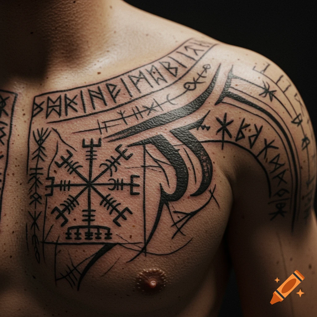 Close-up of a male chest and shoulder with a large, intricate black tattoo featuring ancient runes and symbols, against a dark background.