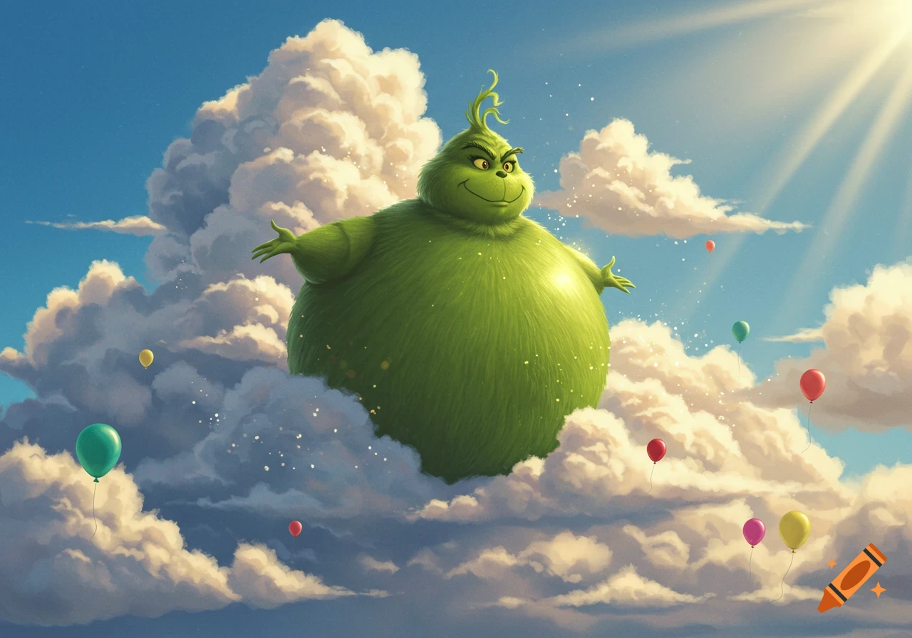 A giant, inflated Grinch character with a mischievous grin floats among fluffy white clouds in a bright blue sky with colorful balloons.