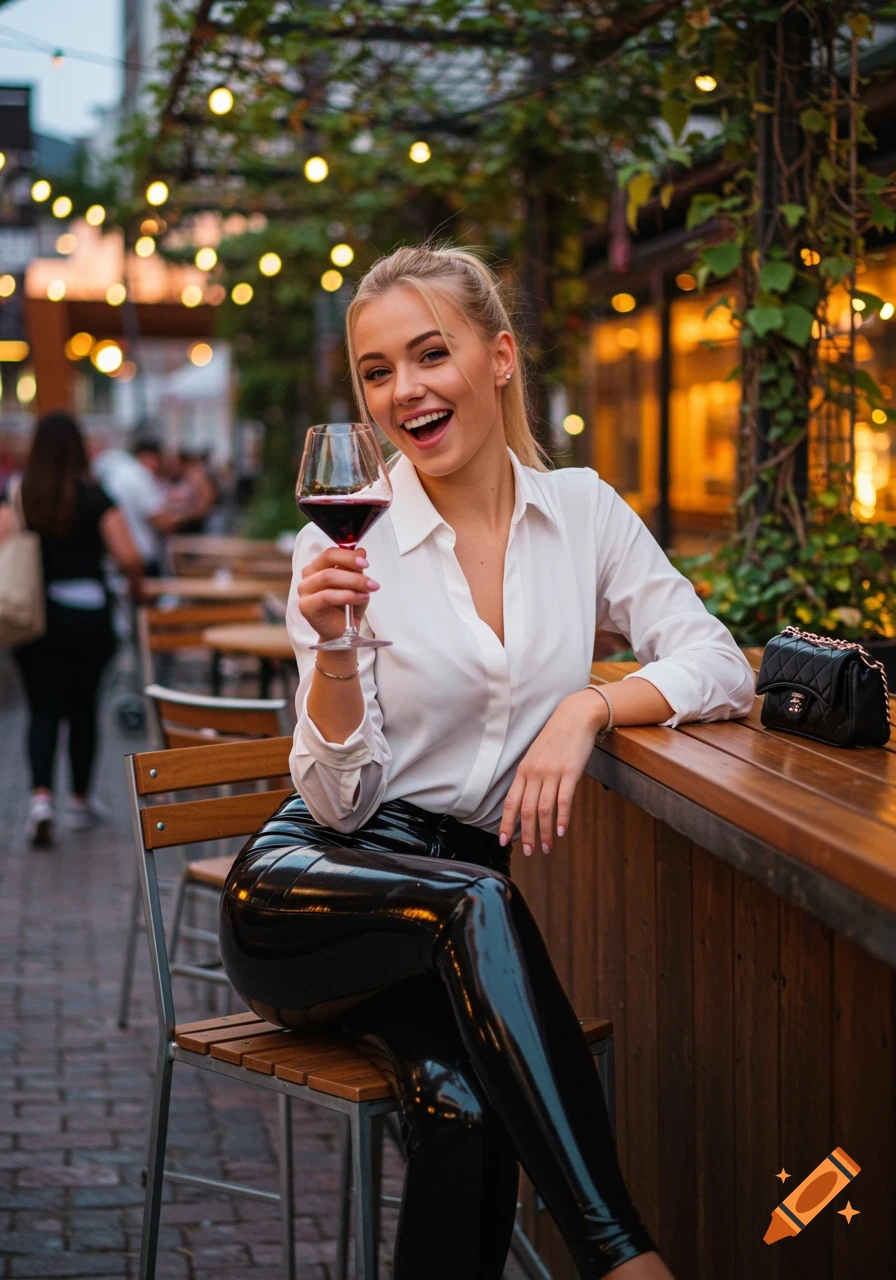 A smiling blonde woman in a white blouse and black shiny leggings sits at an outdoor bar, holding a glass of red wine.