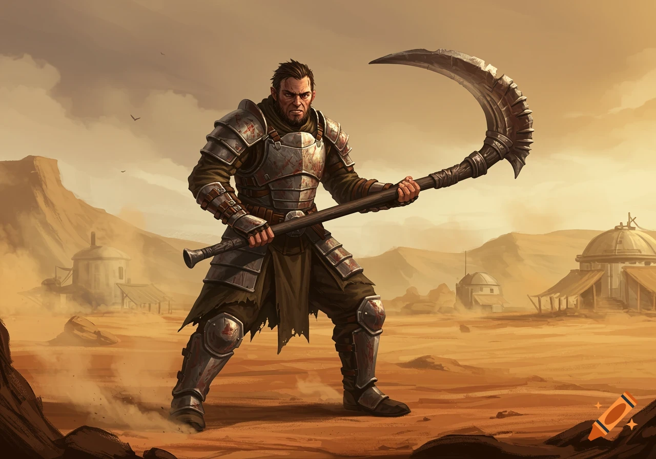 A grizzled warrior in damaged armor wields a large scythe-like weapon in a desert landscape with alien-like buildings.