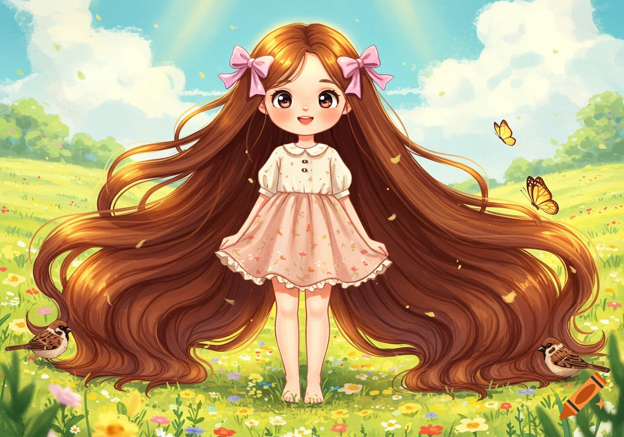 A cute cartoon girl with very long brown hair and pink bows stands in a sunny field among wildflowers, butterflies, and sparrows.