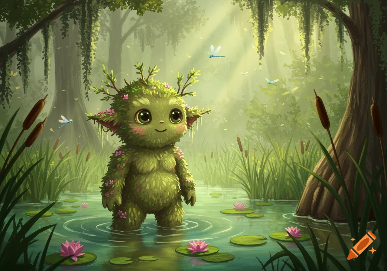 A cute, green, mossy creature with big eyes stands in a swamp among lily pads and cattails, with dragonflies flying above.