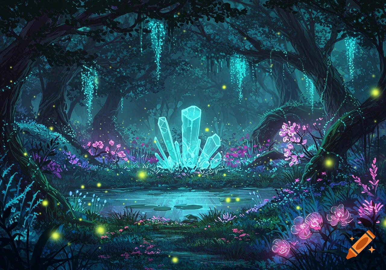 A glowing, magical forest scene with large blue crystals, neon pink flowers, and fireflies illuminating a small pond.