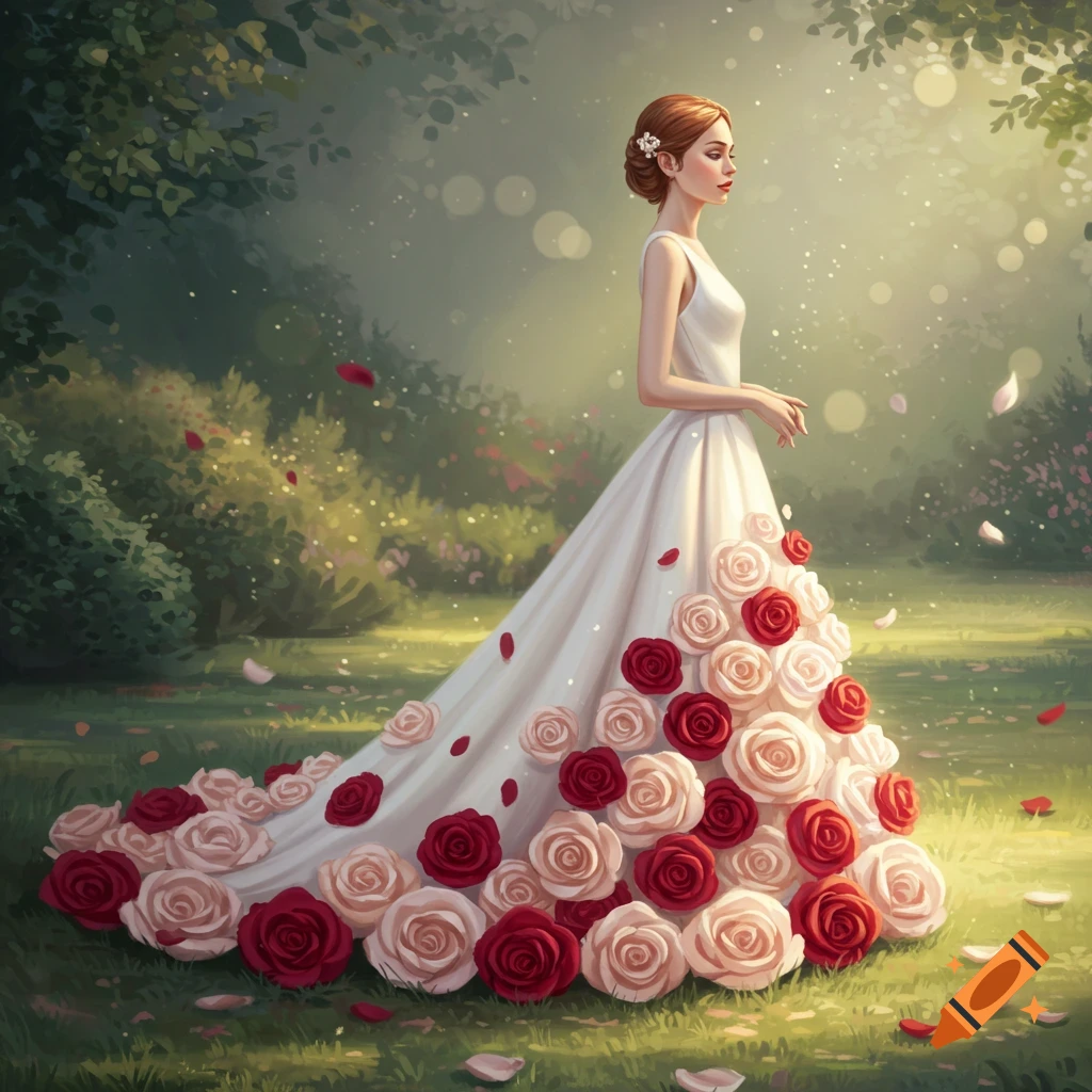 An illustrative image of a woman in a white gown with red and pink roses on the skirt, standing in a lush green garden.