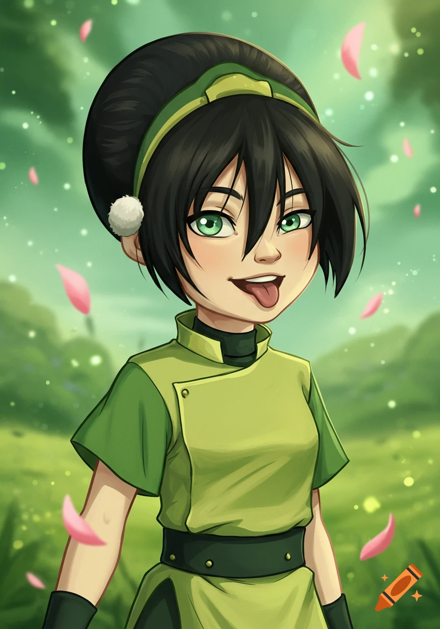 Cartoon portrait of Toph Beifong from Avatar, with green eyes and black hair, playfully sticking out her tongue. Green background with pink petals.