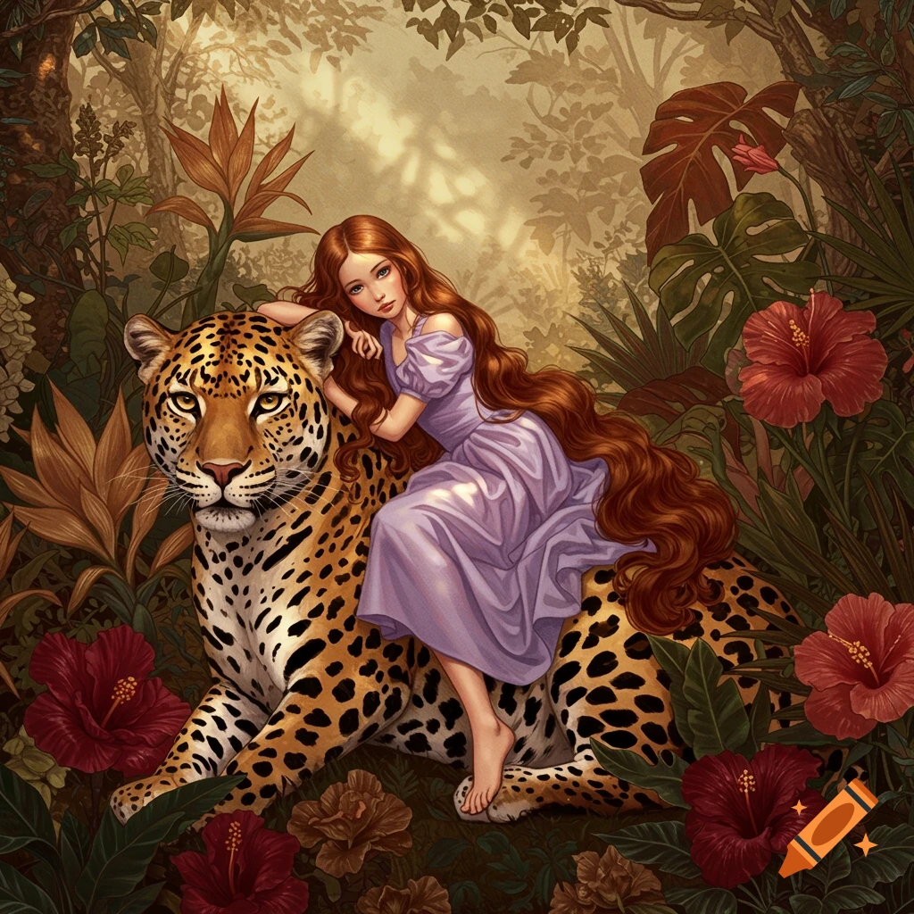 A long-haired girl in a purple dress sits on a leopard in a lush jungle with large red flowers, rendered in an illustrative style.