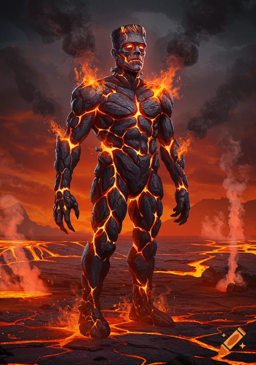 A formidable Frankenstein's monster, composed of dark, cracked rock with glowing lava veins, stands in a fiery volcanic landscape.