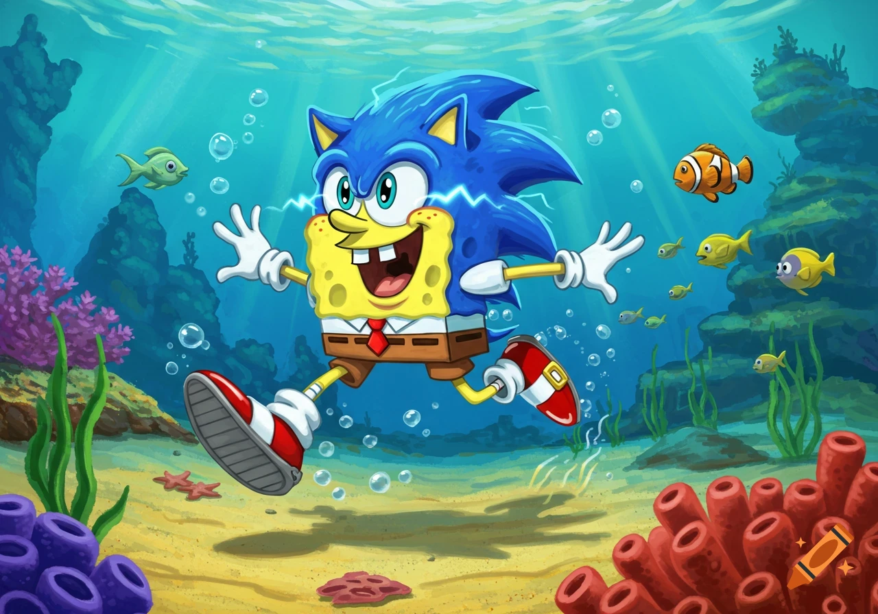 Spongebob Squarepants with Sonic the Hedgehog's blue fur and red shoes, running underwater with bubbles, fish, and coral.