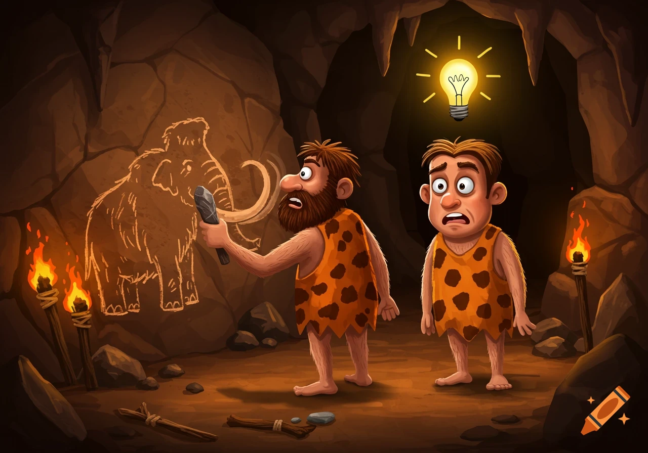 A cartoon of two cavemen in a cave, one drawing a mammoth on the wall while the other looks on with a light bulb above his head.
