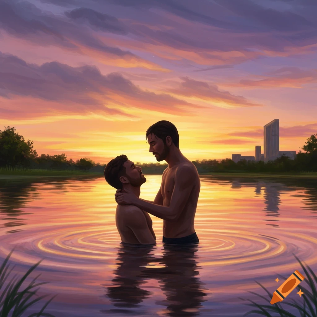 Two men embracing in a lake at sunset with a city skyline in the background, in a digital painting style.
