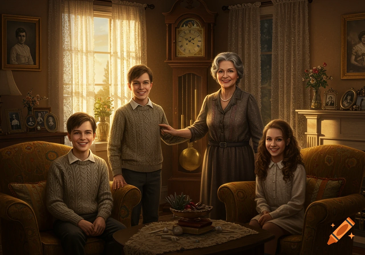 A smiling grandmother, two boys, and a girl pose for a family photo in a traditional living room with a grandfather clock and large window.