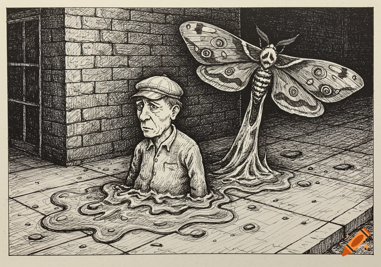 Pen and ink drawing of a man in a scally cap sinking into a sidewalk puddle, next to a large moth with a skull face.