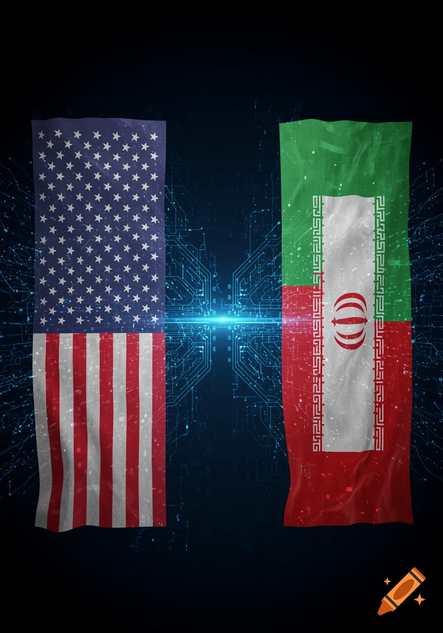 American and Iranian flags facing each other with a glowing circuit board design in the background, symbolizing AI competition.