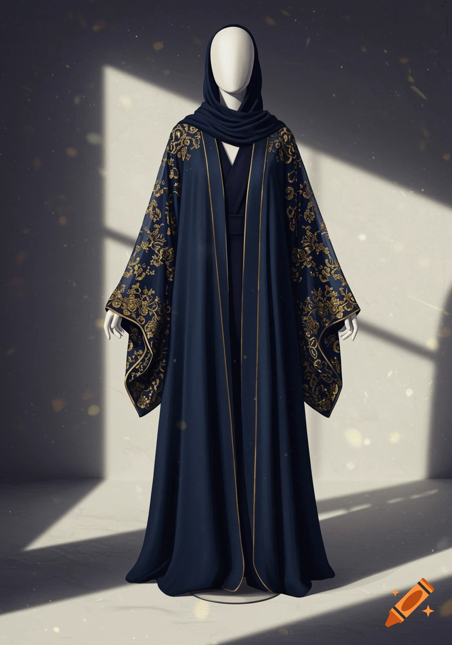 A dark blue abaya with intricate gold embroidery and trim, displayed on a mannequin in a sunlit room.